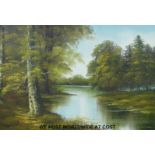 An acrylic on board of a lake or river in a woodland setting signed indistinctly bottom left