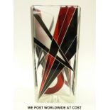 Karl Palda Art Deco glass vase of triangular form with black and red flash overlaid and etched