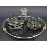 Three Art Deco style glass items comprising pot, scent bottle and dish,