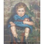 A 19th/early 20thC oil on canvas boy sitting in a plant pot grasping an apple (59 x 49cm)