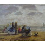 Oil on board figures and a dog on beach indistinctly signed lower right possibly A.