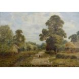 A 19thC/early 20thC oil on canvas lady and boy by a stream with farmyard beyond,