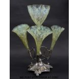 A vaseline glass epergne with four moulded flutes on silver plated base, 40cm tall.