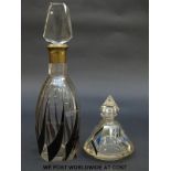 An Art Deco glass decanter (26cm tall) and scent bottle (12cm tall) both with black flash overlaid