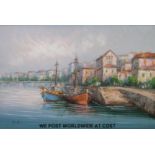 Acrylic on board of a harbour scene, signed lower left in a gilt frame,