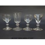 Four Georgian drinking glasses all with knopped stems, one with a folded foot, largest 10cm tall.