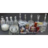 A collection of glass including ship's decanter, coloured glass, decanter stoppers,