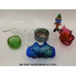 Seven pieces of Murano, Whitefriars and other coloured and clear glassware,