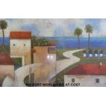 A modern abstract print of houses by the coast, in large silver frame,