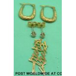 A yellow metal Chinese character marked 14ct, a pair of 9ct gold earrings etc.