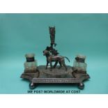 A 19th / early 20th century plated Standish / desk tidy with a figure of a dog,
