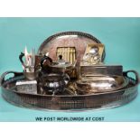 Two oval silver plated galleried trays and a quantity of further silver plate to include Mappin &