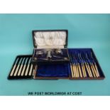 A cased silver plated Mappin & Webb cruet set and two cased sets of cutlery