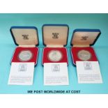 Three cased Royal Mint Silver Jubilee crowns with certificates, 28.