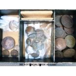 A vintage box containing copper coinage Charles II onwards, some poor, but many gradeable,