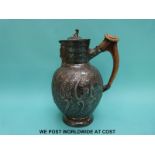 A plated pedestal mask jug with stag horn handle,