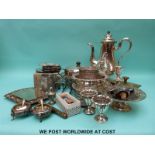 A quantity of silver plated items to include Harrods warmer, wine coasters, toast rack etc.