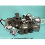 A quantity of pewter including hammered Arts & Crafts items, retro Heatmaster tea set etc,