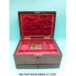A fitted late 19th / early 20th century jewellery box containing a quantity of English pennies etc.