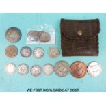 A small collection of coins including Victorian half crown, four George V farthings with lustre,