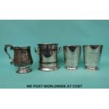 Three silver plated tankards, one with 1885 Wycliffe College,