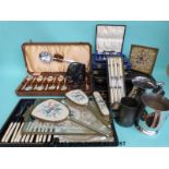 A quantity of silver plated items including cased cutlery sets, gilt edge dressing table set,