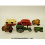 Six Tri-ang Minic tin plate clockwork vehicles comprising fire engine, steam roller, caravan,