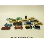 Fourteen Dinky Toys diecast model cars and motorbikes including AA and RAC sidecars,