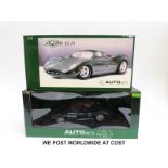 Two Autoart 1:18 scale diecast model vehicles, Jaguar XJ13 and Jaguar C Type,