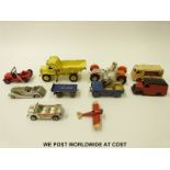Ten Dinky Toys diecast model vehicles including Electric Van, Aeroplane, Land Rover,