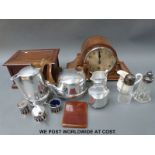 An oak cased mantel clock, Picquot ware part tea set, oak box,