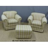 A pair of upholstered arm chairs with striped Laura Ashley style fabric