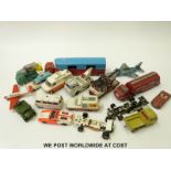 Eighteen Corgi and Dinky diecast model vehicles including aeroplanes, military vehicles,