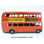 Tri-ang Minic tin plate clockwork Routemaster Bus with red body and 'Try Out Your London Bus' and