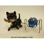 Two Tri-ang Minic clockwork animals a cat with a butterfly and a spider