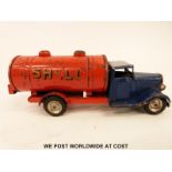 Tri-ang Minic tin plate clockwork Shell tanker with red and blue body and key