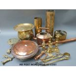 A collection of copper and brassware including shell cases, copper kettle, bedpan,
