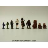 Nine lead figures including four Timpo flock covered animals, Bobby Moore Trendsetter, Robin Hood,