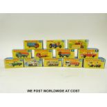 Twelve Matchbox Lesney 1-75 series diecast model vehicles 1, 2, 6, 16, 39, 44, 50, 51, 58, 61,