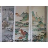 Four Japanese scroll paintings of mountainous scenes and another scroll painting