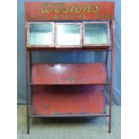 A vintage Weston's biscuits shop display stand with three hinged glass topped containers (W78 x D42