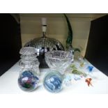 A small collection of glass items to include "art bird" paperweights, flower frog,