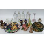 Stained glass panel, ceramic chargers, glass candlesticks,