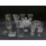 Fifteen pieces of clear glassware including a set of five wine glasses with cut stems (23cm tall),