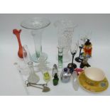 A collection of art glass, Murano clown, champagne flutes,