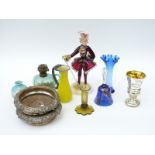 Eight pieces of coloured glassware including a mercury glass goblet, Murano figure of a lady,