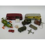 Nine Dinky Toys diecast model vehicles including a Supertoys Horsebox, Meteor, military trucks, etc,