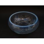 Jobling opalescent pressed glass bowl decorated with pine cones amongst foliage,