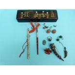 A silver pen with agate handle, Chinese coral rings, amber brooch,