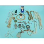 A collection of costume jewellery to include faux pearls, marcasite brooches,